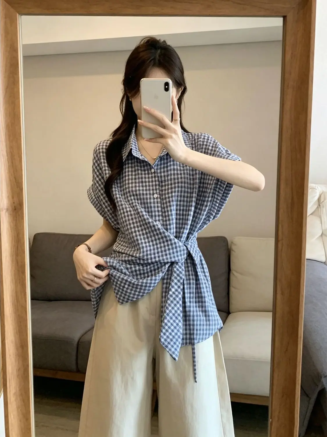 Korean Style Blue Plaid Neck Short Sleeve Shirt Women Summer Elegant Casual Top Bow Tie Waistband Female Fashion
Korean Style Blue Plaid Neck Short Sleeve Shirt Women Summer Elegant Casual Top Bow Tie Waistband Female Fashion