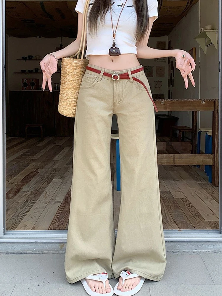 Летние винтажные джинсы цвета хаки с низкой посадкой, женские свободные широкие брюки, модные повседневные прямые джинсовые брюки 
Летние винтажные джинсы цвета хаки с низкой посадкой, женские свободные широкие брюки, модные повседневные прямые джинсовые брюки