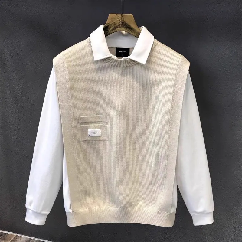 Мужской модный вязаный свитер с воротником-рубашкой, имитация двухслойности, осенне-зимний повседневный стиль, дизайн с цветовыми блоками
Мужской модный вязаный свитер с воротником-рубашкой, имитация двухслойности, осенне-зимний повседневный стиль, дизайн с цветовыми блоками