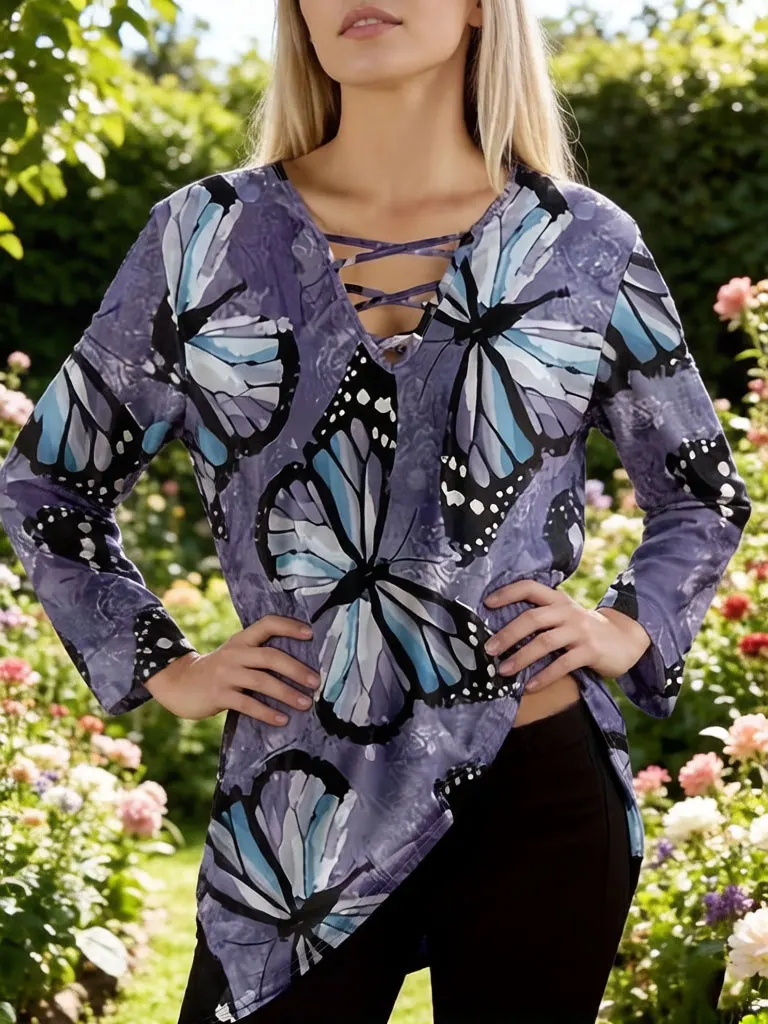 Women's Purple Butterfly Print Top, V Neck Cross Lace Up Long Sleeve Baggy Blouse, Casual Boho Streetwear Tops for Summer Autumn
Women's Purple Butterfly Print Top, V Neck Cross Lace Up Long Sleeve Baggy Blouse, Casual Boho Streetwear Tops for Summer Autumn