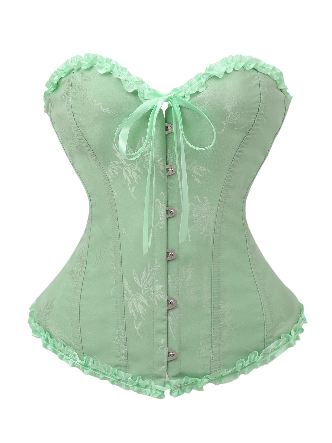 Light green jacquard leaf edge belted bodice with front fastening and back ties Corset
Light green jacquard leaf edge belted bodice with front fastening and back ties Corset