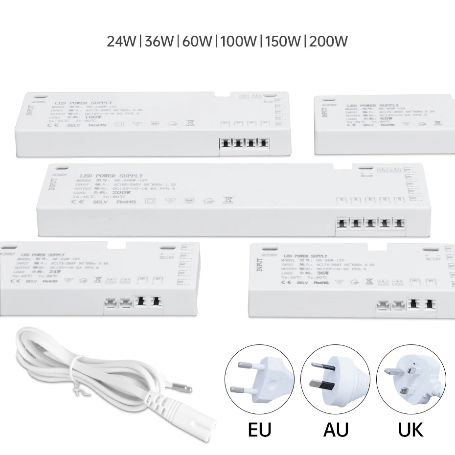 LED Cabinet Light Power Supply 24W/36W/60W/100W/150W/200W AC220V to DC12V/24V with DuPont Interface for Pantry Closet Shelf
LED Cabinet Light Power Supply 24W/36W/60W/100W/150W/200W AC220V to DC12V/24V with DuPont Interface for Pantry Closet Shelf