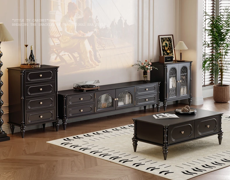 American retro TV cabinet and coffee table set, living room wall storage cabinet
American retro TV cabinet and coffee table set, living room wall storage cabinet