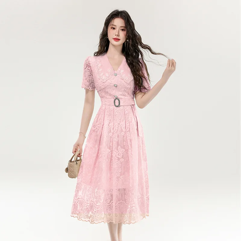Elegant Lace Dress for Women Hollow Out Embroidery High Waist A-Line Midi Dresses Spring Summer Matching Set
Elegant Lace Dress for Women Hollow Out Embroidery High Waist A-Line Midi Dresses Spring Summer Matching Set