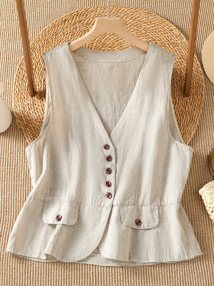 Retro Pure Color Cotton Linen V-neck Suit Jacket Women Summer Loose Versatile Vest Ageless Shoulder Pad Top Outerwear
Retro Pure Color Cotton Linen V-neck Suit Jacket Women Summer Loose Versatile Vest Ageless Shoulder Pad Top Outerwear