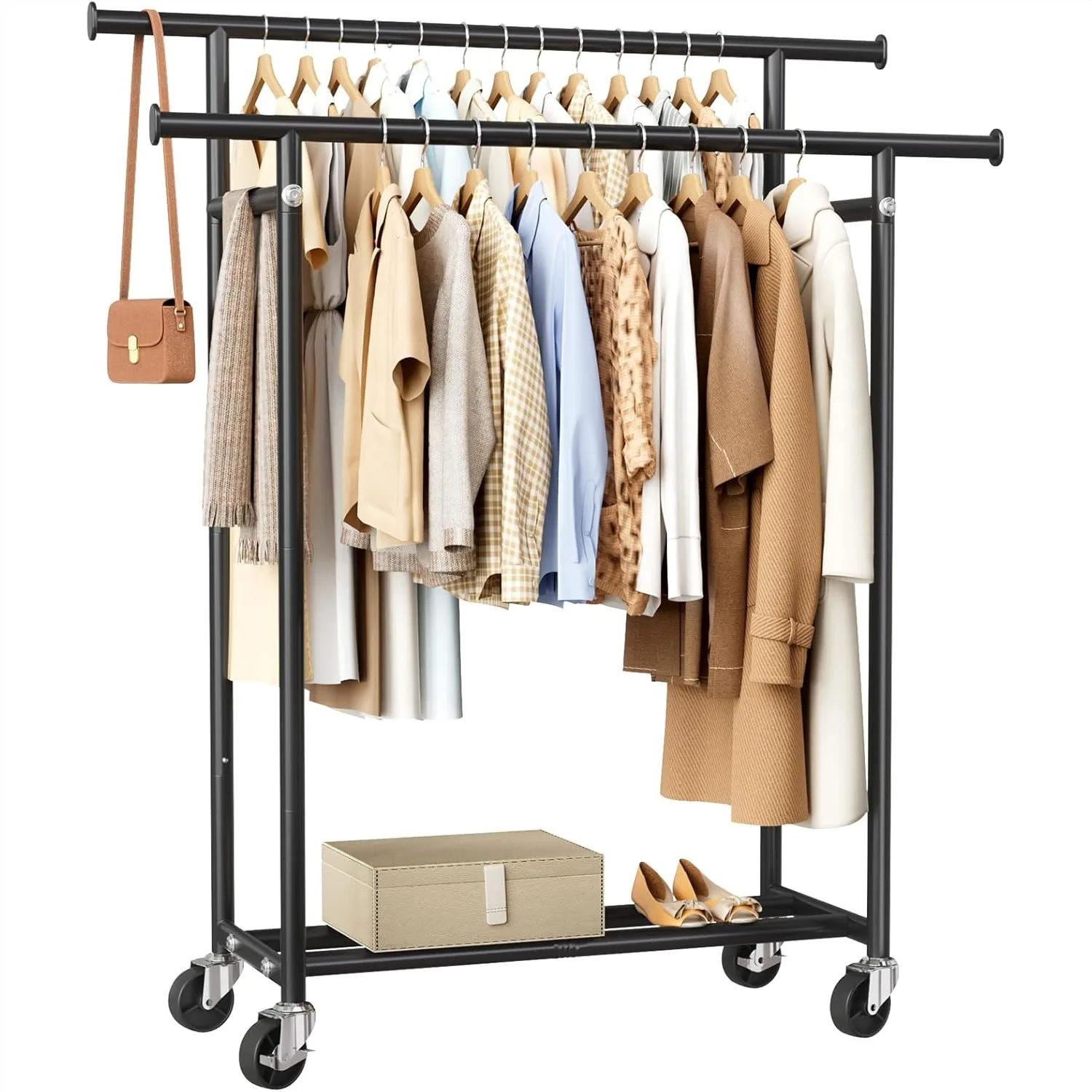 Double Rod Rolling Clothes Rack with Wheels, Heavy Duty Garment Rack Holds 240 Lbs for Bedroom Laundry Room, Black
Double Rod Rolling Clothes Rack with Wheels, Heavy Duty Garment Rack Holds 240 Lbs for Bedroom Laundry Room, Black