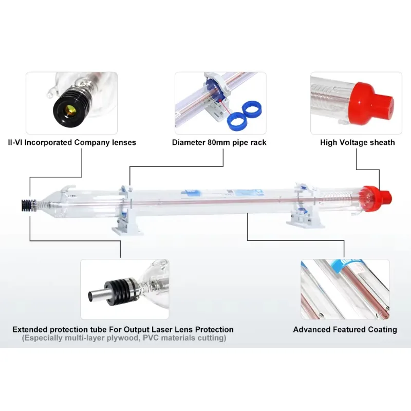 Yongli 150w Max 180w 1850mm Dia. 80mm Glass Laser Tube With Metal Head II-VI Lens
Yongli 150w Max 180w 1850mm Dia. 80mm Glass Laser Tube With Metal Head II-VI Lens
