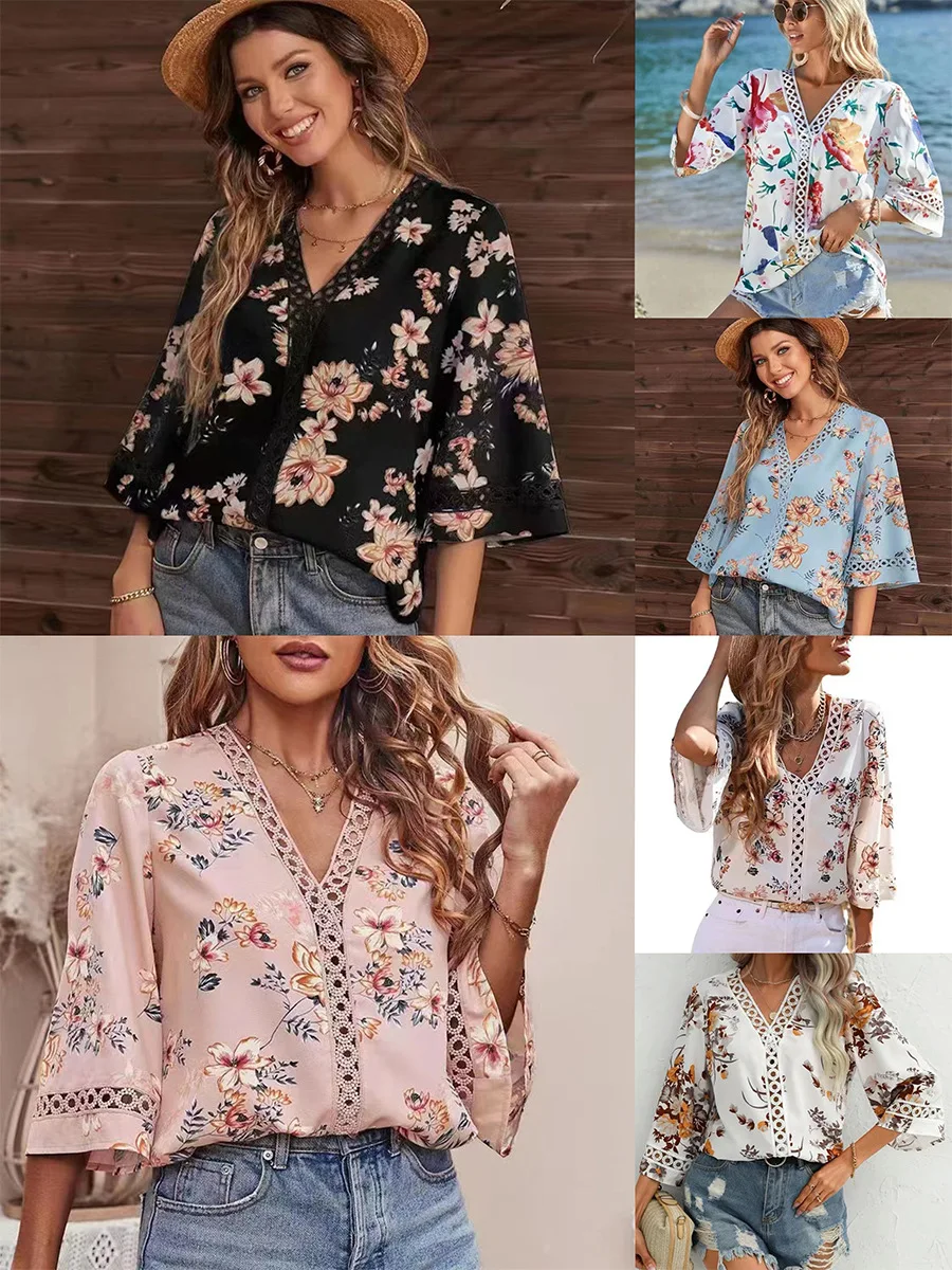 Woman Floral Print V Neck Shirt Half Bell Sleeves Lace Trim Loose Fit for Bohemian Beach Vibes Summer Vacations Casual Chic
Woman Floral Print V Neck Shirt Half Bell Sleeves Lace Trim Loose Fit for Bohemian Beach Vibes Summer Vacations Casual Chic