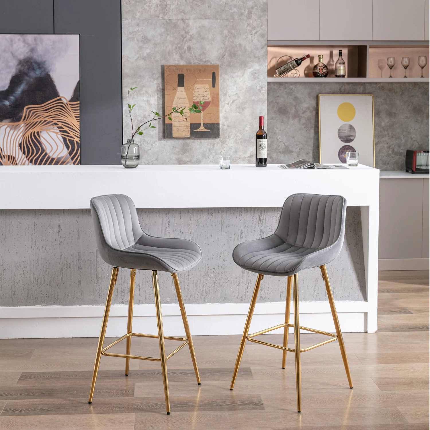 26 Inch Set of 2 Bar Stools,with Chrome Footrest Velvet Fabric Counter Stool Golden Leg Simple Bar Stool,GRAY
26 Inch Set of 2 Bar Stools,with Chrome Footrest Velvet Fabric Counter Stool Golden Leg Simple Bar Stool,GRAY