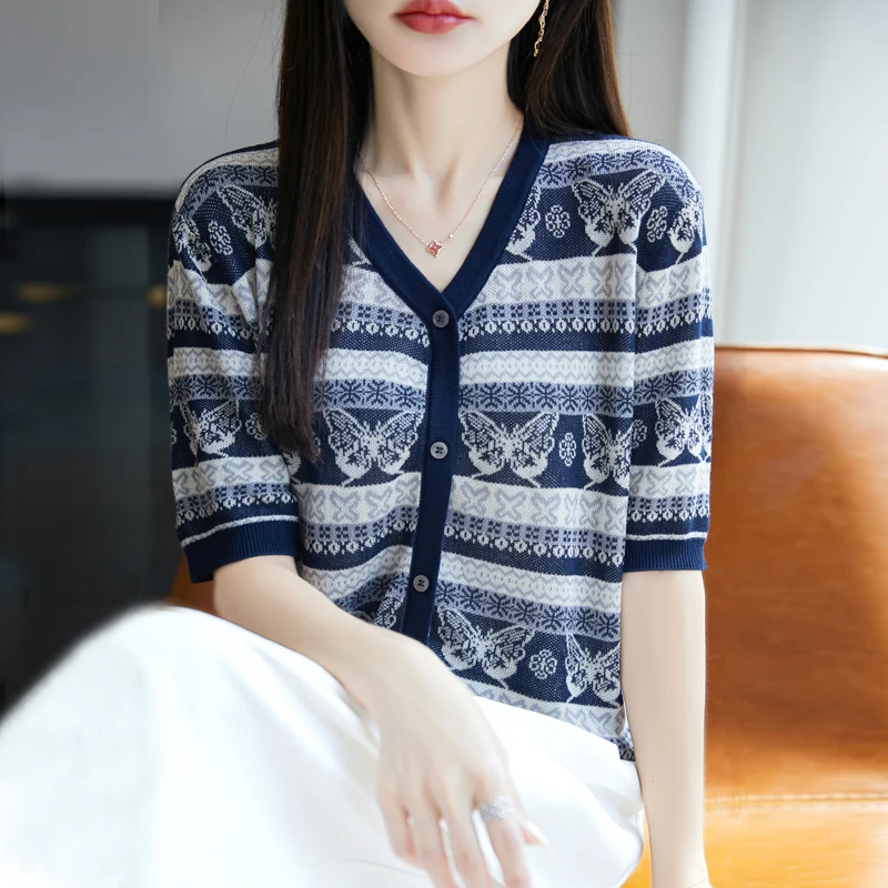 Striped V-neck Short-Sleeved Women's Lyocell Tencel Butterfly Jacquard Pullover Knitted T-shirt Top Summer New Women's Clothes
Striped V-neck Short-Sleeved Women's Lyocell Tencel Butterfly Jacquard Pullover Knitted T-shirt Top Summer New Women's Clothes