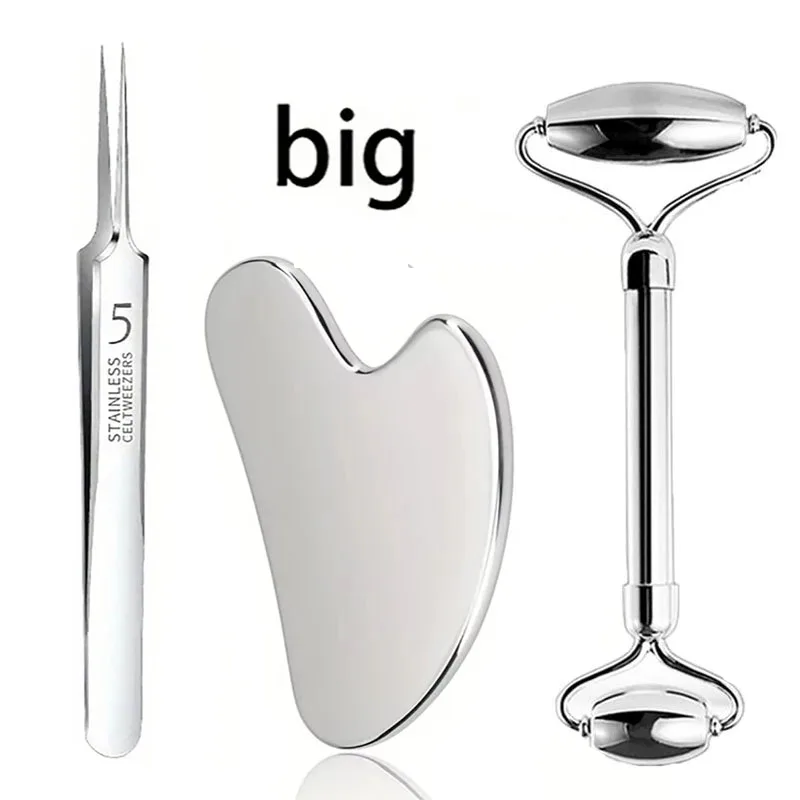 3-piece stainless steel double-headed roller gua sha board and comedone extractor set for facial massage, cleansing, and beauty
3-piece stainless steel double-headed roller gua sha board and comedone extractor set for facial massage, cleansing, and beauty