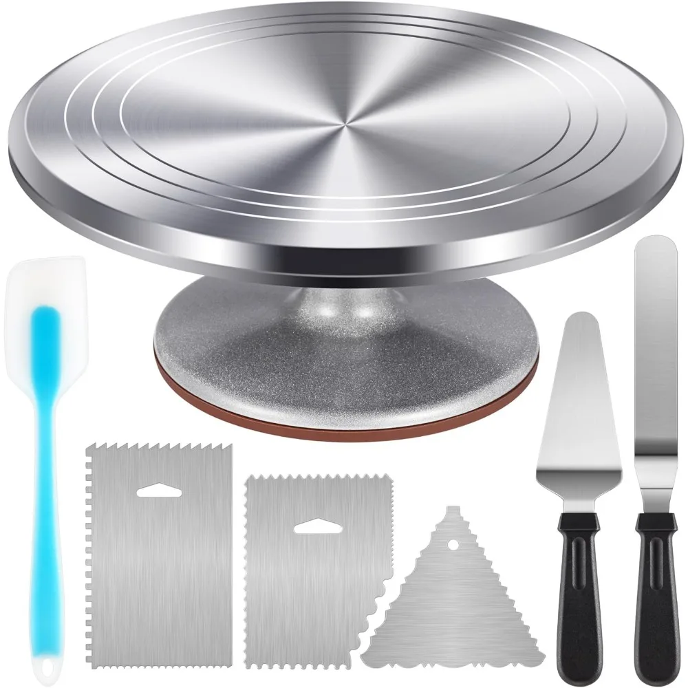 Aluminum Rotating Cake Stand Kit with Offset Spatula and Three Stainless Steel Icing Smoothers
Aluminum Rotating Cake Stand Kit with Offset Spatula and Three Stainless Steel Icing Smoothers