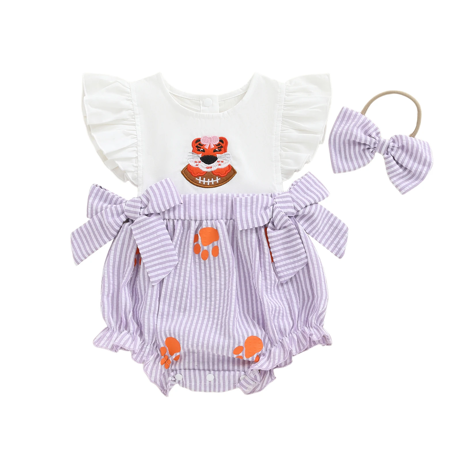 Baby Girl 2 Piece Set Animal Football Embroidery Flying Sleeve O Neck Stripe Romper with Bow Headband
Baby Girl 2 Piece Set Animal Football Embroidery Flying Sleeve O Neck Stripe Romper with Bow Headband