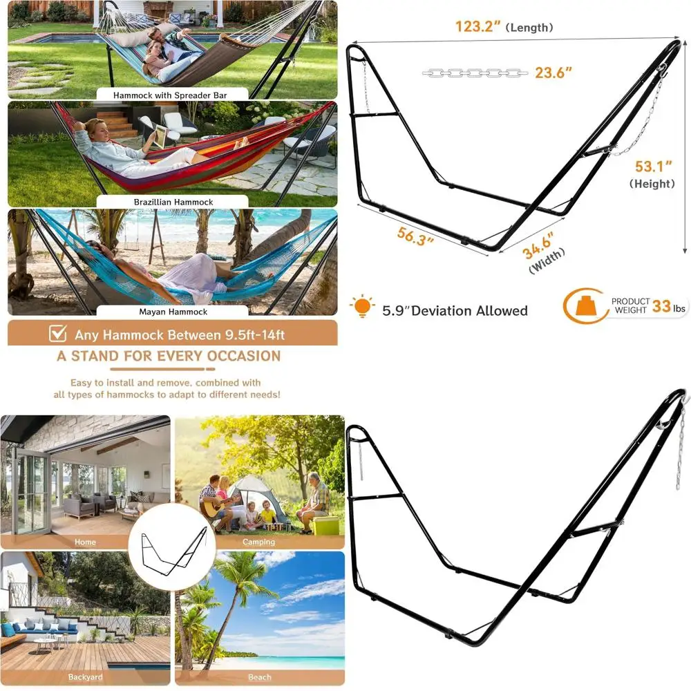 Durable Outdoor Hammock Stand for 2, Supports 550 lbs, Fits 9-14ft Hammocks
Durable Outdoor Hammock Stand for 2, Supports 550 lbs, Fits 9-14ft Hammocks