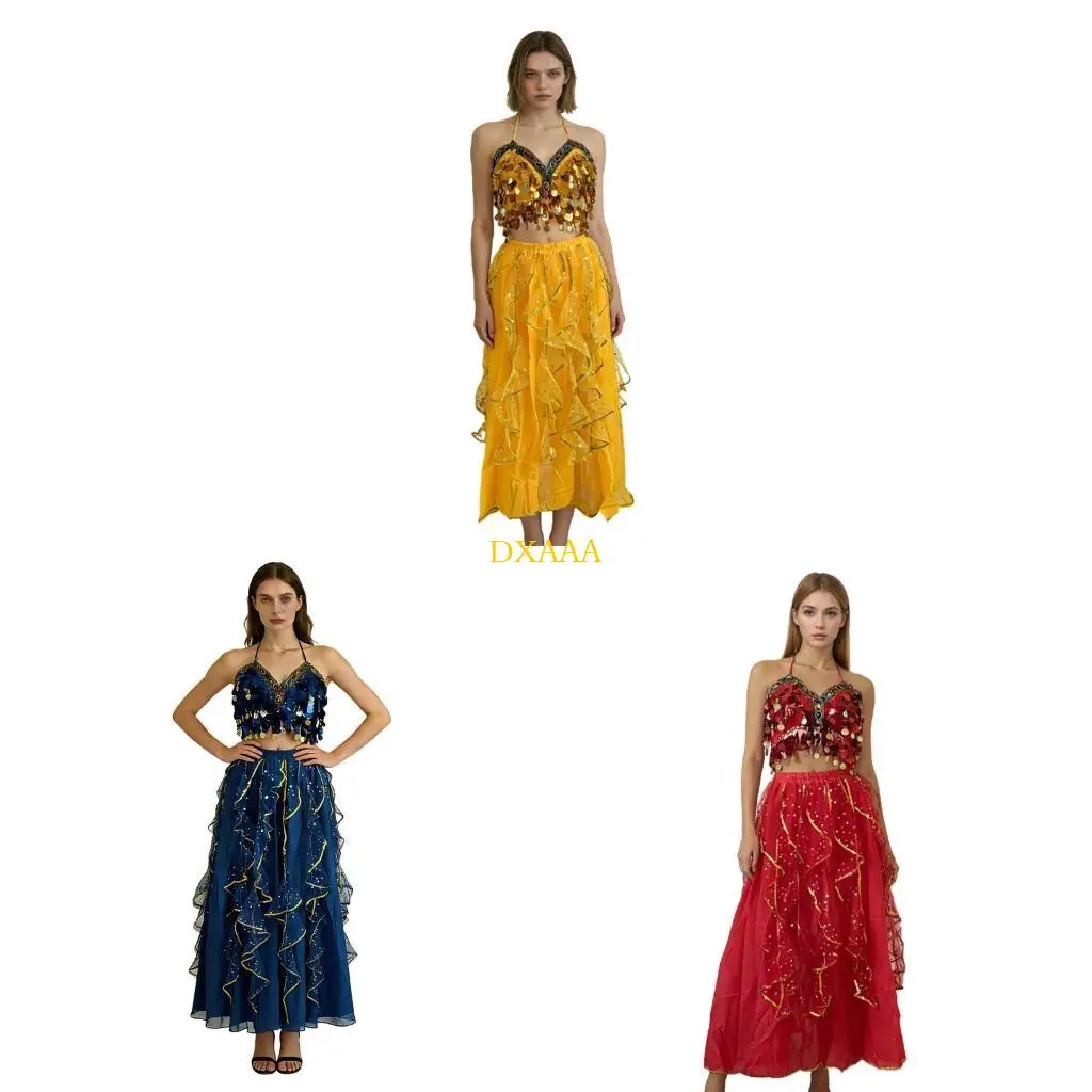 DXAA Attractive Belly Dance Ensemble With Glitters Bustier Crop Tops And Flared Skirt Light Reflection Dance Suit For Stage
DXAA Attractive Belly Dance Ensemble With Glitters Bustier Crop Tops And Flared Skirt Light Reflection Dance Suit For Stage
