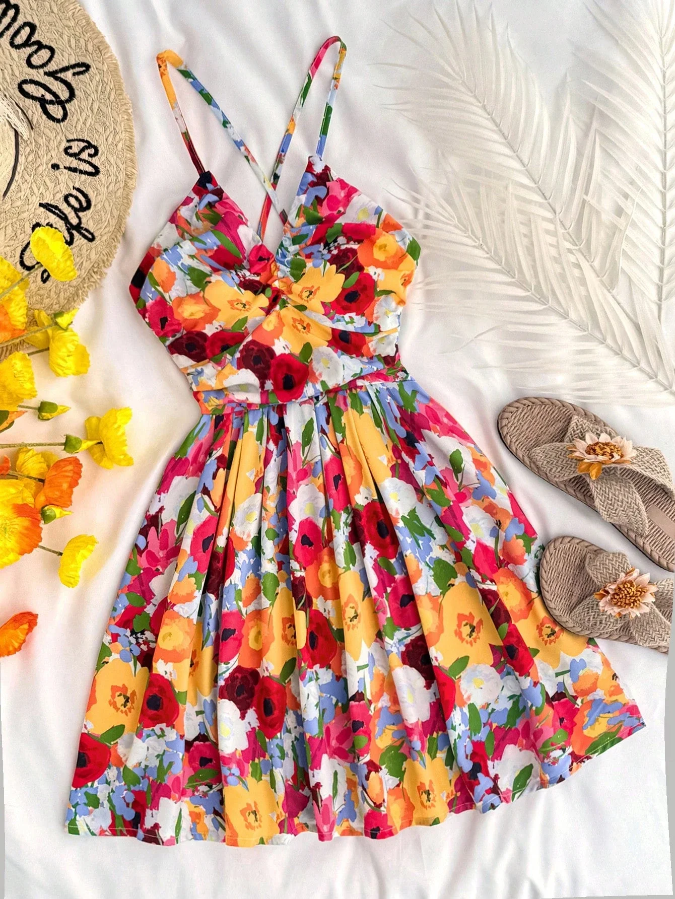 Vibrant Floral Print Deep V Back Hollow Tie Ruffle Hem A-Line Mini Dress For Summer Vacation
Vibrant Floral Print Deep V Back Hollow Tie Ruffle Hem A-Line Mini Dress For Summer Vacation