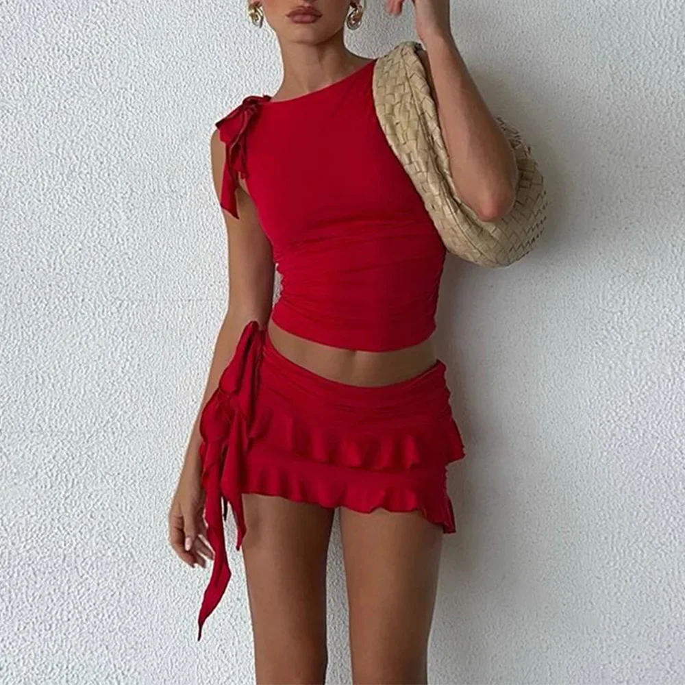 Sets Summer Fashion Streetwear Solid Color Lace-Up Sleevless Round Neck Ruffle Hem Mini Skirt Slim Sets For Women
Sets Summer Fashion Streetwear Solid Color Lace-Up Sleevless Round Neck Ruffle Hem Mini Skirt Slim Sets For Women
