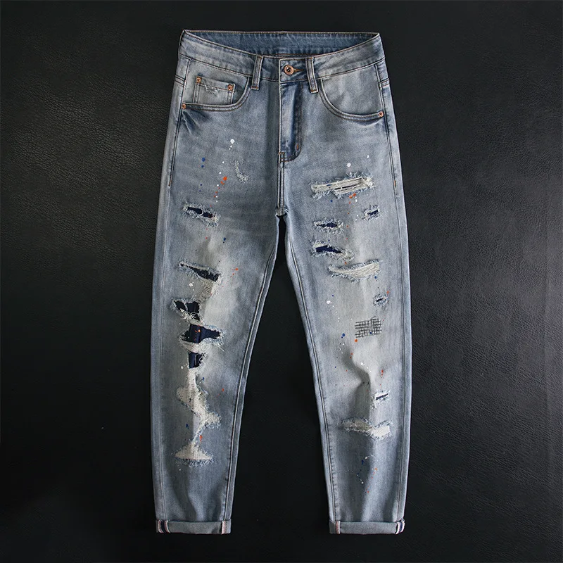 Splash ink ripped jeans for men, slim fit with small feet, elastic and scraped patch design, spring/summer 2025 new pants
Splash ink ripped jeans for men, slim fit with small feet, elastic and scraped patch design, spring/summer 2025 new pants