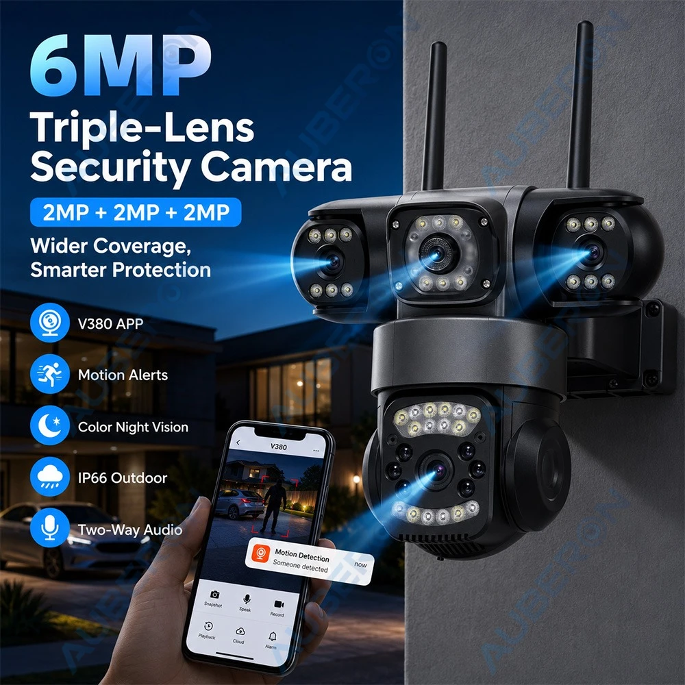 Triple Lens WiFi Security Camera Outdoor HD 6MP PTZ IP66 Waterproof V380 App Color Night Vision Motion Alert Two Way Audio DC12V
Triple Lens WiFi Security Camera Outdoor HD 6MP PTZ IP66 Waterproof V380 App Color Night Vision Motion Alert Two Way Audio DC12V