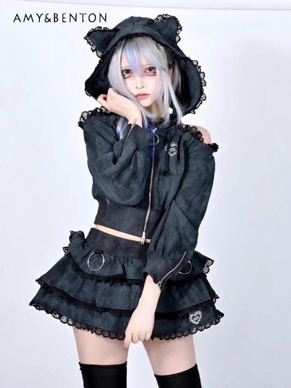 Japanese Subculture Cat Ear Lace Hot Diamond Off Shoulder Hooded Jacket Skirt Mine Series Two-piece Gothic Dark Girl Skirt Sets
Japanese Subculture Cat Ear Lace Hot Diamond Off Shoulder Hooded Jacket Skirt Mine Series Two-piece Gothic Dark Girl Skirt Sets