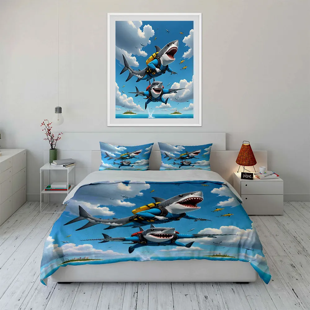 3Pcs Playful Kids Bedding Set, Funny Cartoon Sharks in Blue Scuba Suits Flying in the Sky Print Duvet Cover, Bedroom Decor
3Pcs Playful Kids Bedding Set, Funny Cartoon Sharks in Blue Scuba Suits Flying in the Sky Print Duvet Cover, Bedroom Decor