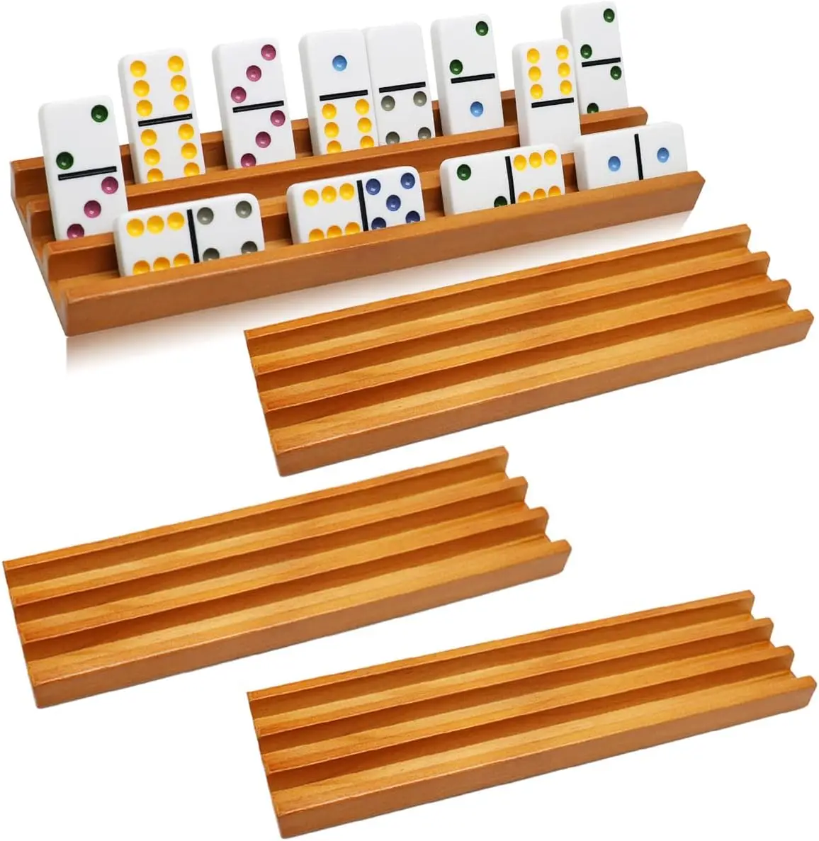 Premium Wooden Domino Racks Trays Holders Organizer Set of 4 for Mexican Train Dominoes Games
Premium Wooden Domino Racks Trays Holders Organizer Set of 4 for Mexican Train Dominoes Games