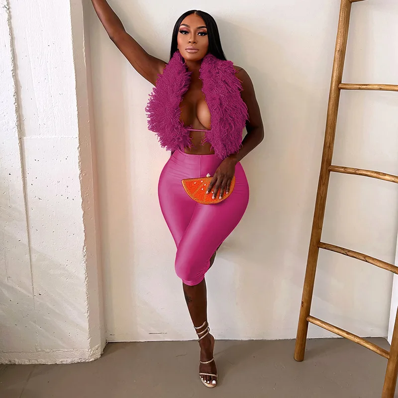 Solid Night Club 2 Piece Set Women Fashion Sexy Lace Up Backless Halter Vests Tops + Glossy Skinny Capris Pants Casual Suits 
Solid Night Club 2 Piece Set Women Fashion Sexy Lace Up Backless Halter Vests Tops + Glossy Skinny Capris Pants Casual Suits