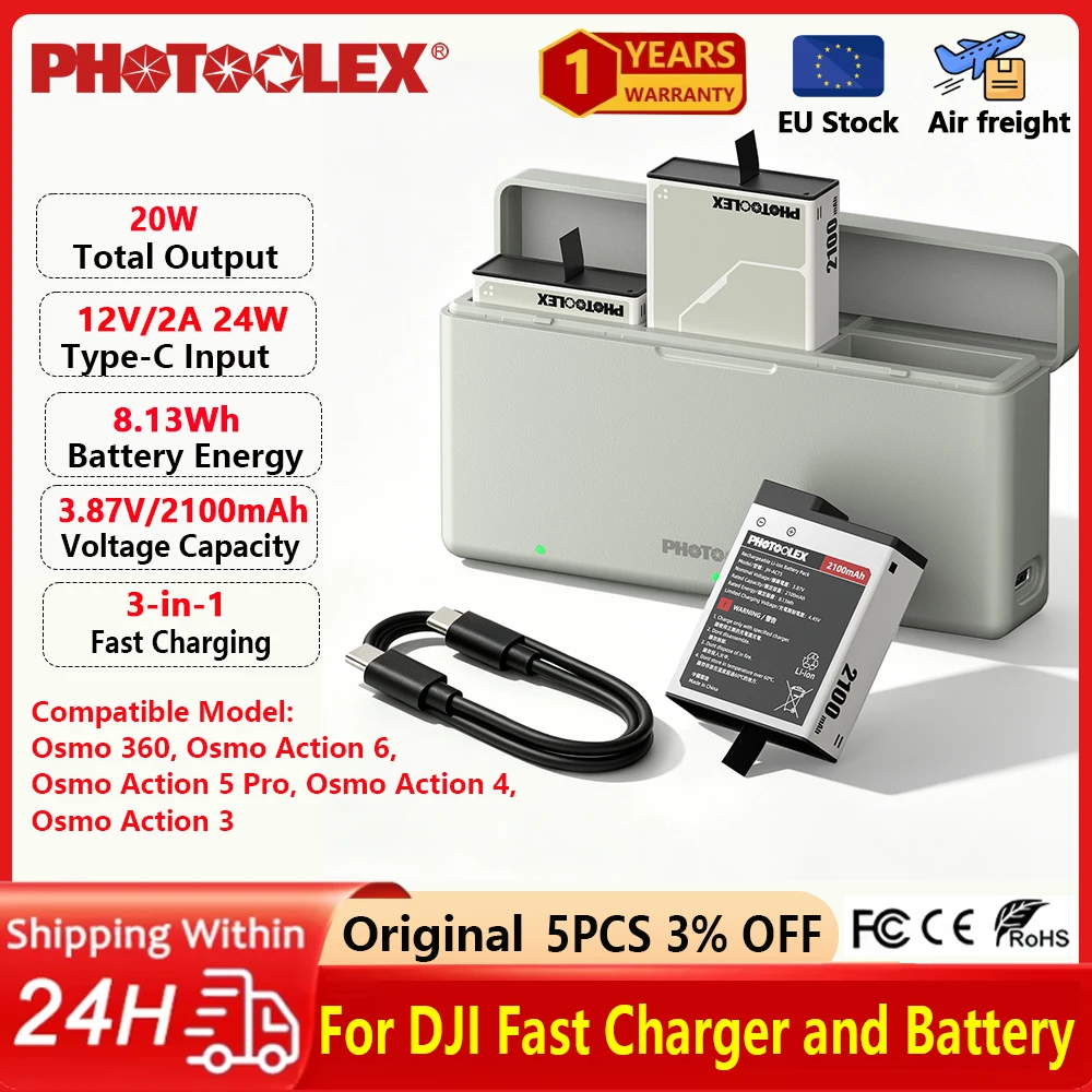 PHOTOOLEX 20W PD Fast Charger Accessories For DJI OSMO Action 6 OSMO 360 3 Slots 2100mAh Battery Pocket Charging Storage Box
PHOTOOLEX 20W PD Fast Charger Accessories For DJI OSMO Action 6 OSMO 360 3 Slots 2100mAh Battery Pocket Charging Storage Box