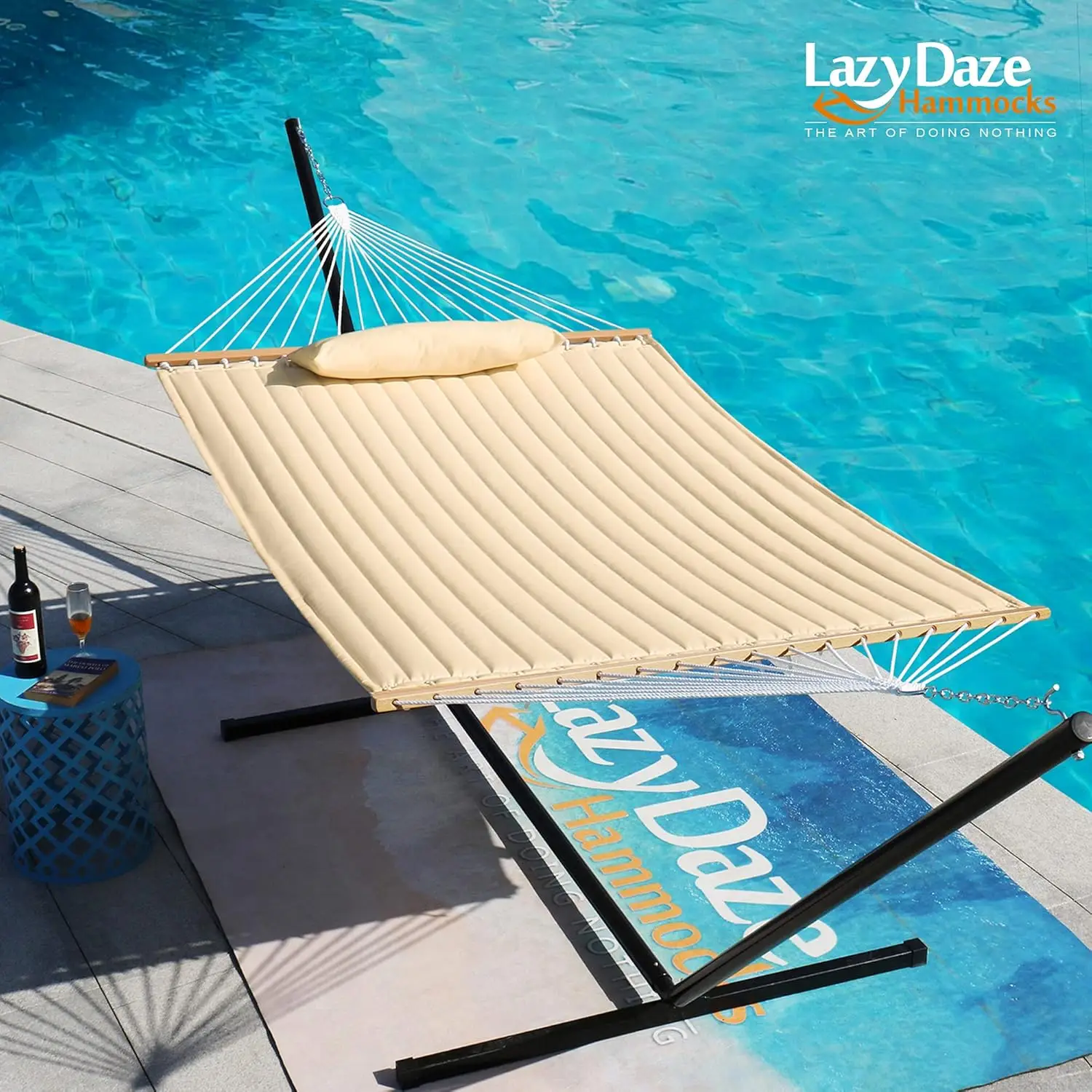 Quilted Fabric Double Hammock with Pillow, Spreader Bar, Outdoor, Outside Patio, Garden, Yard, Pool, Beach, 12ft
Quilted Fabric Double Hammock with Pillow, Spreader Bar, Outdoor, Outside Patio, Garden, Yard, Pool, Beach, 12ft