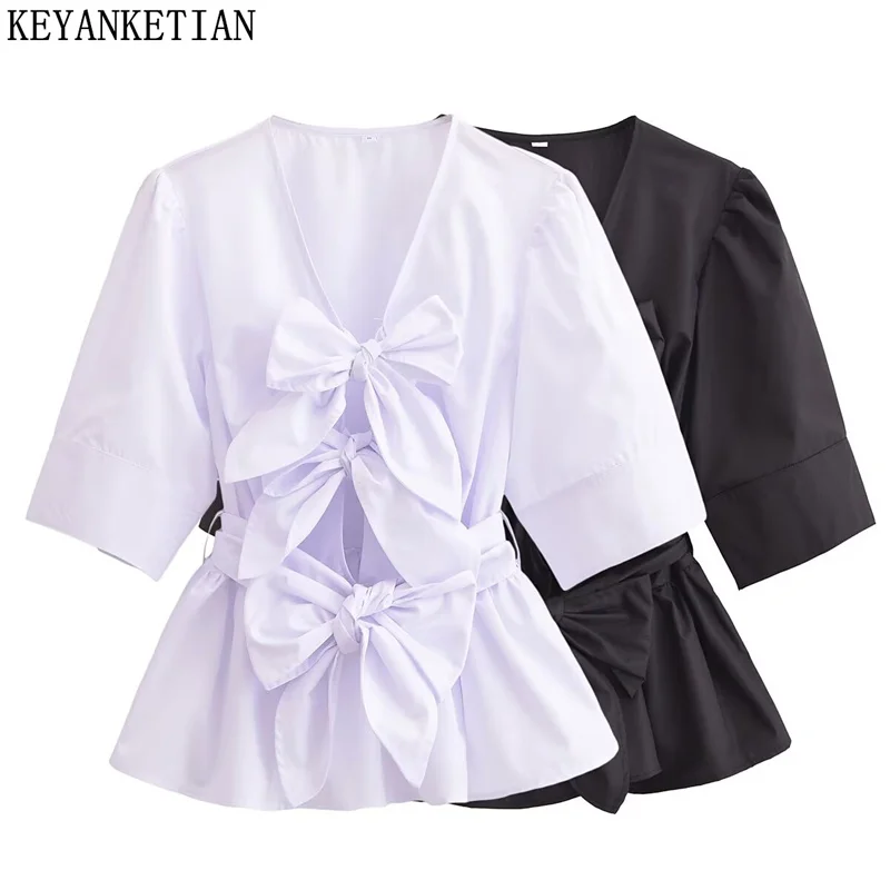 KEYANKETIAN 2025 Summer New Women's Hollow out Bow Decoration Poplin Shirt Sweet Chic Puff Sleeve Slim Blouses Fluffy Short Top
KEYANKETIAN 2025 Summer New Women's Hollow out Bow Decoration Poplin Shirt Sweet Chic Puff Sleeve Slim Blouses Fluffy Short Top
