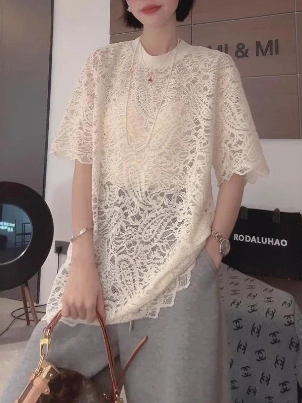 French Style Lace Shirt Women's Summer plus Size Loose Hollow out Short Sleeve round Neck mid Length Top Hook Embroidery
French Style Lace Shirt Women's Summer plus Size Loose Hollow out Short Sleeve round Neck mid Length Top Hook Embroidery