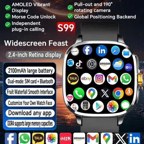 S99 Smart Watch 2.4 Inch Display 2100mAh Battery 512GB ROM 900W Camera GPS WiFi Heart Rate Android 10.0 Compatible Android IOS
