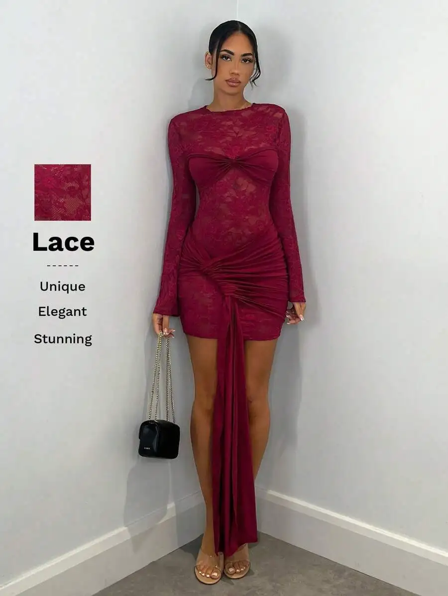 Burgundy Lace Long Sleeve Ruched Sash Mini Dress for Evening Party
Burgundy Lace Long Sleeve Ruched Sash Mini Dress for Evening Party