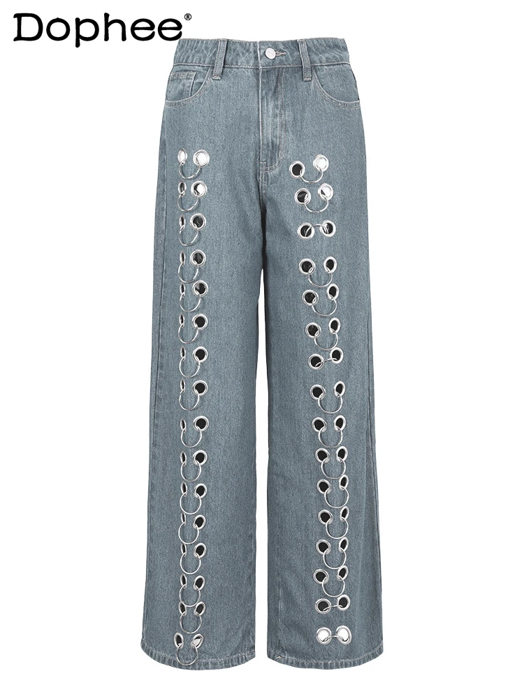 Iron Ring Decoration High Waist Jeans Female 2024 Spring and Summer Thin Hollow Out Loose Straight Trousers Baggy Jeans Women
Iron Ring Decoration High Waist Jeans Female 2024 Spring and Summer Thin Hollow Out Loose Straight Trousers Baggy Jeans Women