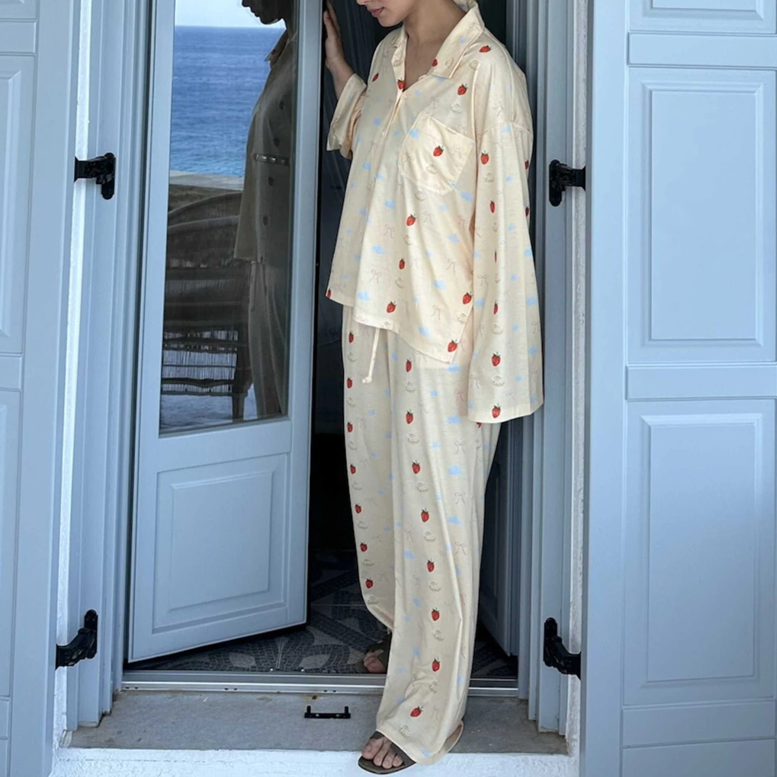 Women Spring 2 Piece Set Sleepwear Cute Pajama Suit Printed Loungewear Comfy Soft Button Up Blouse Tops + Long Pants
Women Spring 2 Piece Set Sleepwear Cute Pajama Suit Printed Loungewear Comfy Soft Button Up Blouse Tops + Long Pants
