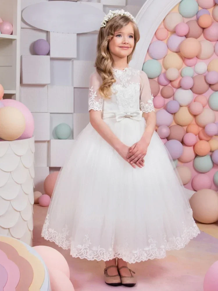Flower Girl Dresses Birthday Party Banquet First Communion Gowns White Lace Appliques With Bow Half Sleeve For Wedding
Flower Girl Dresses Birthday Party Banquet First Communion Gowns White Lace Appliques With Bow Half Sleeve For Wedding