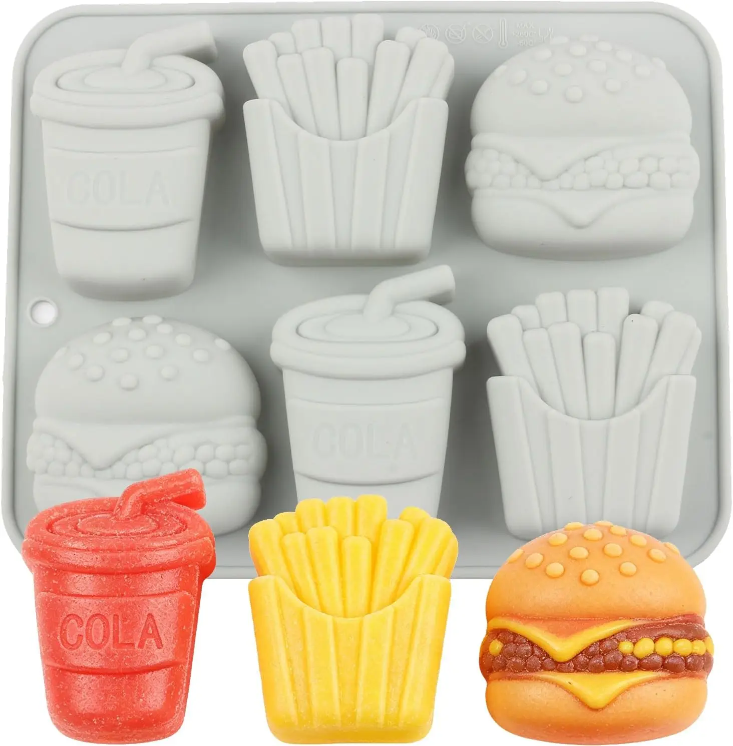 Fast Food Silicone Chocolate Molds Hamburger French Fries Cola Baking Molds for Candy Jelly Ice Cube Fondant Cake Decoration
Fast Food Silicone Chocolate Molds Hamburger French Fries Cola Baking Molds for Candy Jelly Ice Cube Fondant Cake Decoration