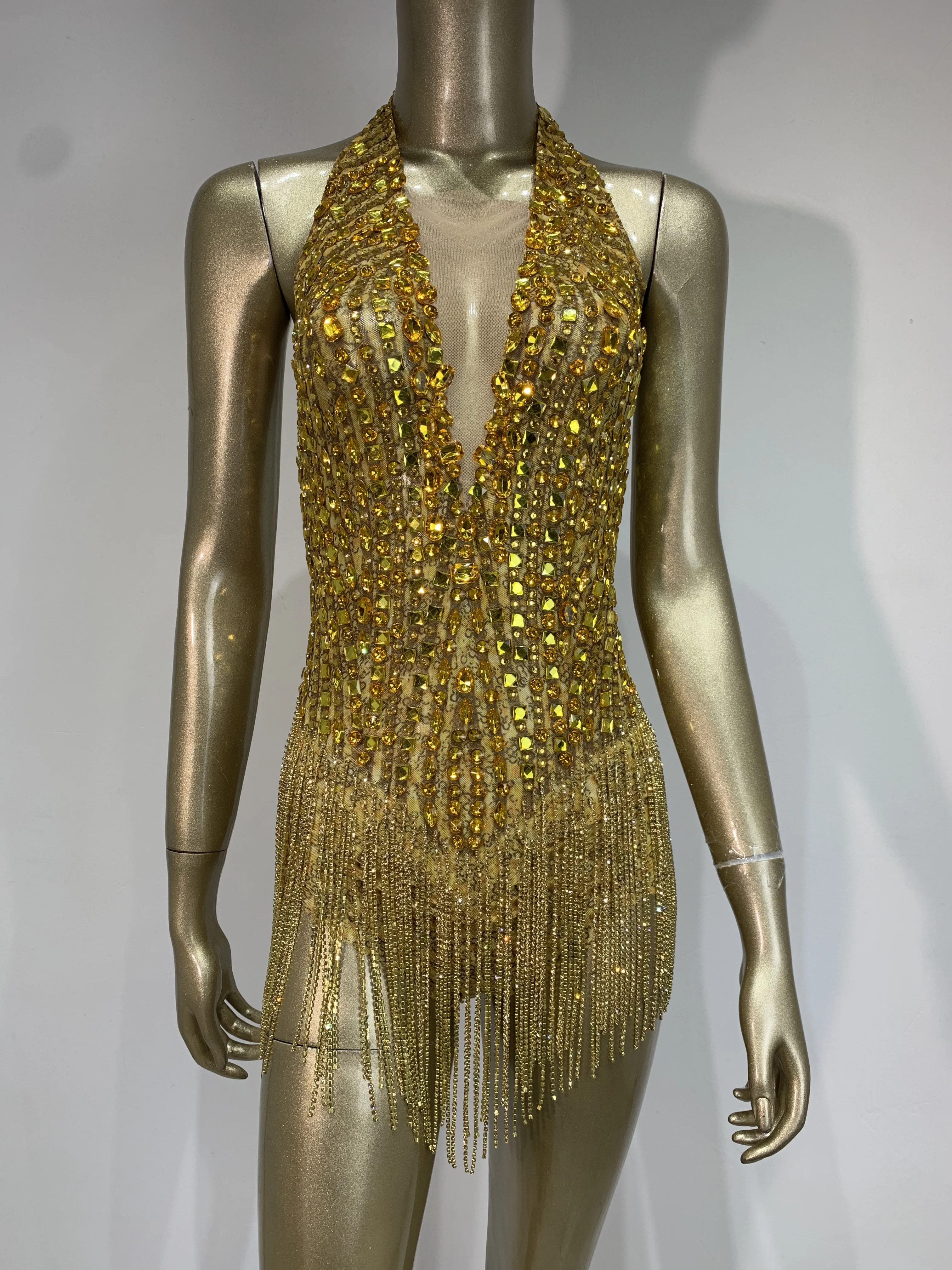 Women Sparkly Gold Rhinestones Chain Tassel Bodysuit Sexy Mesh See Through Dance Costume Dancer Performance Singer Stage Outfit
Women Sparkly Gold Rhinestones Chain Tassel Bodysuit Sexy Mesh See Through Dance Costume Dancer Performance Singer Stage Outfit