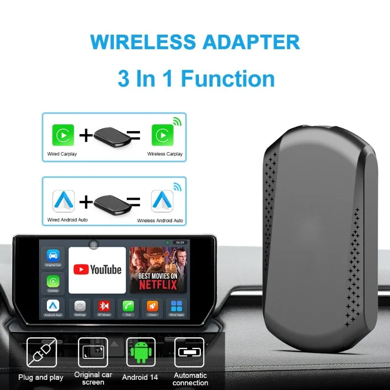 3-in-1 Wireless CarPlay Android Auto Conversion Box 4+32G USB/Type-C Bluetooth WIFI Car-Machine Interconnection for AI Android 1
3-in-1 Wireless CarPlay Android Auto Conversion Box 4+32G USB/Type-C Bluetooth WIFI Car-Machine Interconnection for AI Android 1
