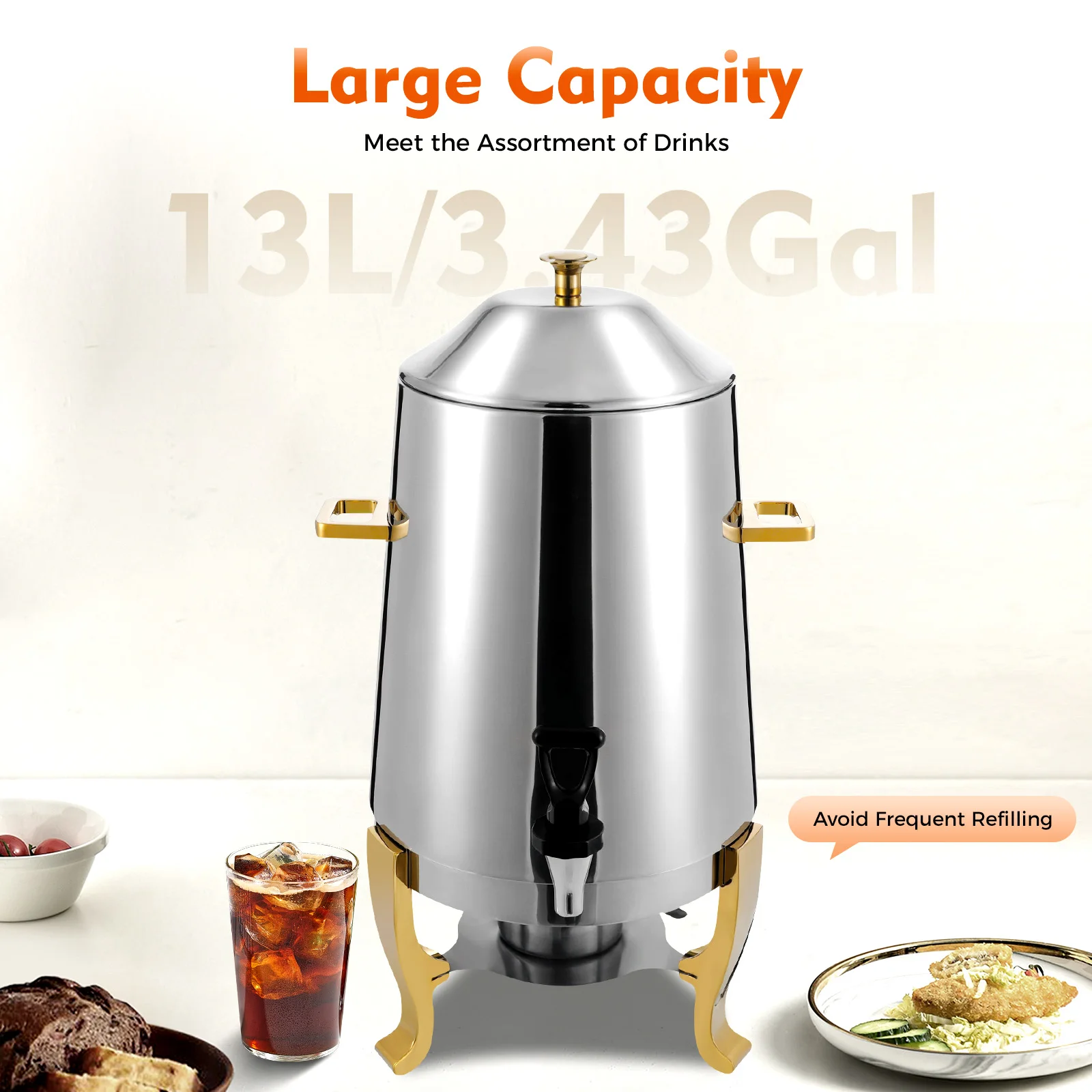 13L Large Capacity Stainless Steel Hot Water Dispenser Alcohol Heating Warm Drink Bucket Tripod Stand Heat Preservation Beverage Urn for Restaurant Hotel Party Coffee Milk Tea
13L Large Capacity Stainless Steel Hot Water Dispenser Alcohol Heating Warm Drink Bucket Tripod Stand Heat Preservation Beverage Urn for Restaurant Hotel Party Coffee Milk Tea