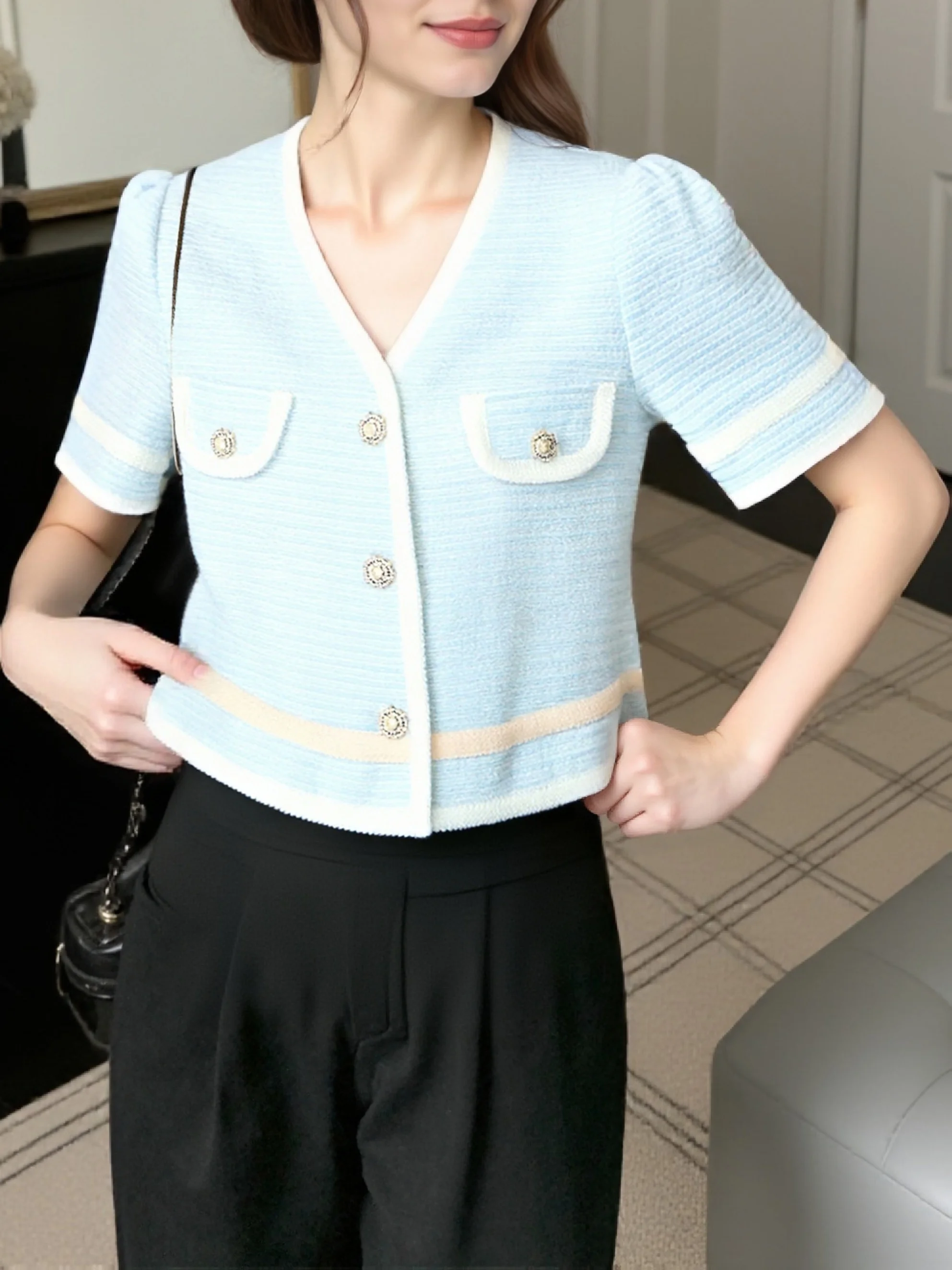Women Light Blue Tweed Short Sleeve Jacket Striped Puff Sleeve Gold Buttons Elegant Office Lady Short Coat Casual Daily Wear2809
Women Light Blue Tweed Short Sleeve Jacket Striped Puff Sleeve Gold Buttons Elegant Office Lady Short Coat Casual Daily Wear2809
