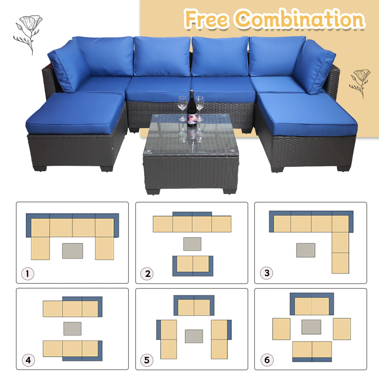 7-Piece PE Rattan Wicker Sofa Set with Cushions and Coffee Table for Outdoor Patio Furniture
7-Piece PE Rattan Wicker Sofa Set with Cushions and Coffee Table for Outdoor Patio Furniture
