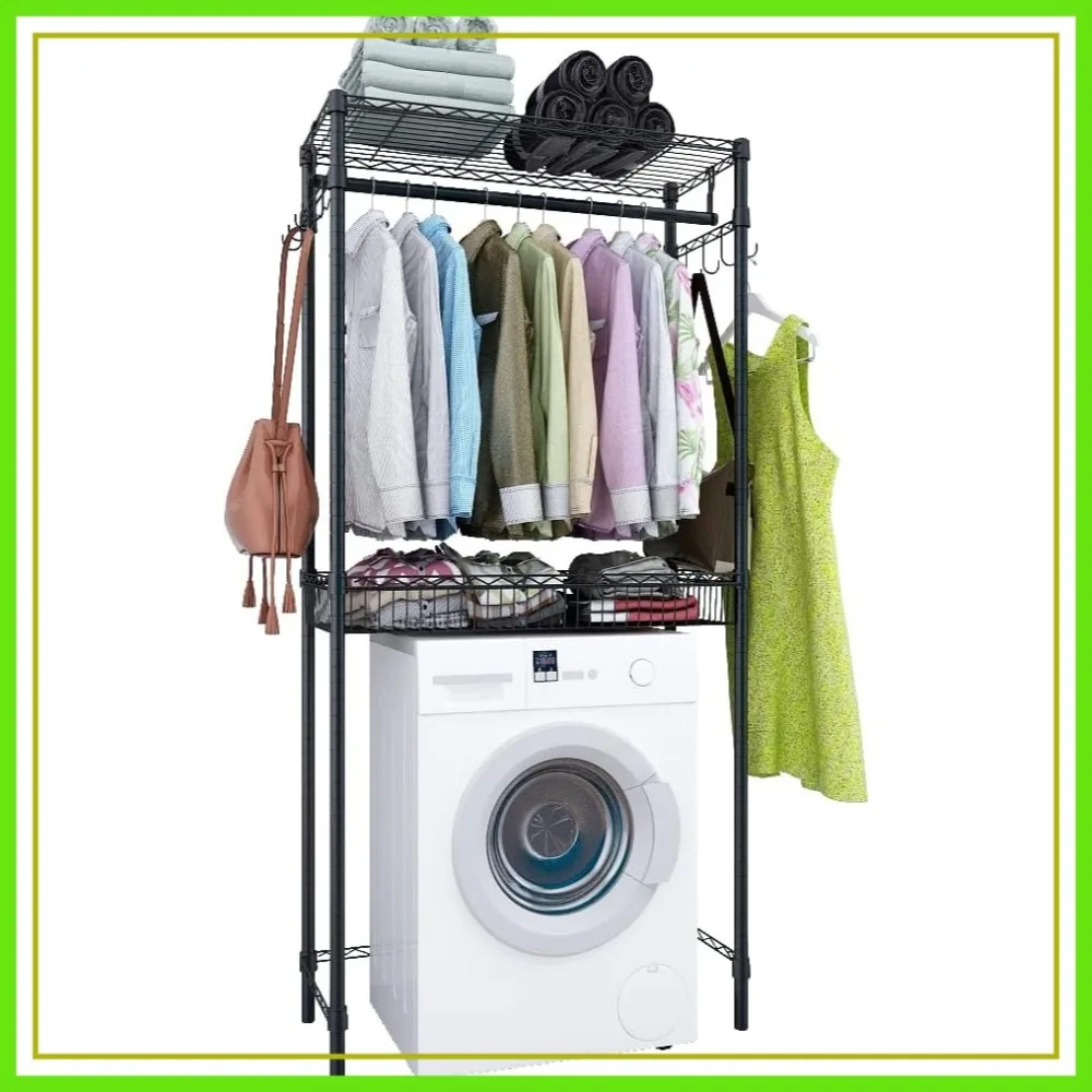 Washer Dryer Storage Shelf, 2-Tier Adjustable Laundry Rack with Hooks, Black
Washer Dryer Storage Shelf, 2-Tier Adjustable Laundry Rack with Hooks, Black