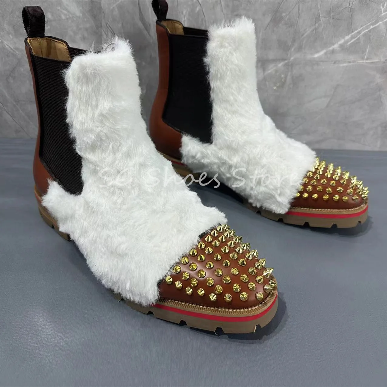 Mixed Color Fur Splicing Genuine Leather Boots for Men Punk Rivet Round Toe Chelsea Boots Luxury Design Male Ankle Boots 
Mixed Color Fur Splicing Genuine Leather Boots for Men Punk Rivet Round Toe Chelsea Boots Luxury Design Male Ankle Boots