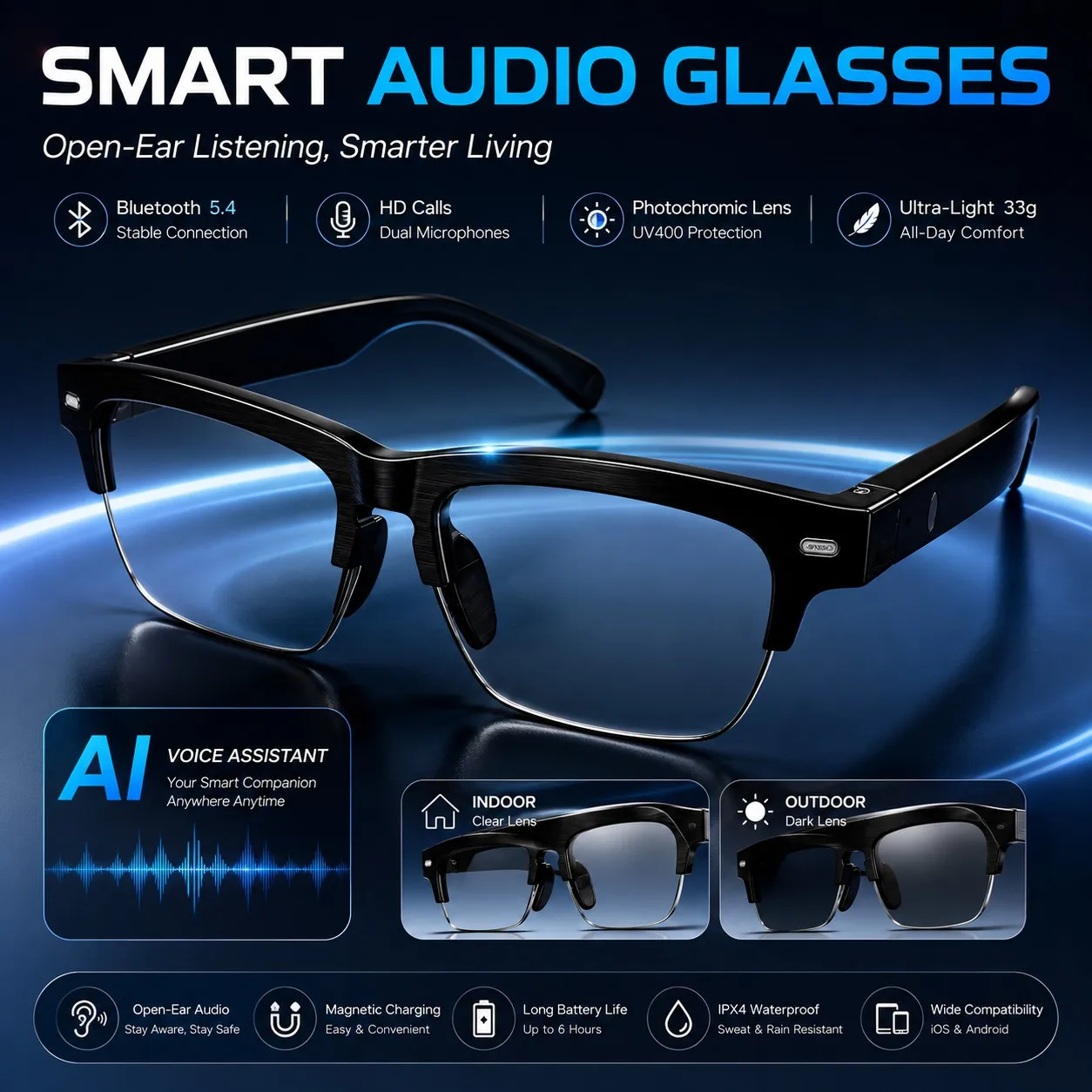AI Smart Glasses Bluetooth 5.4 Audio Sunglasses Photochromic Polarized Open Ear Wireless Translation Eyewear UV400 Smartglasses
AI Smart Glasses Bluetooth 5.4 Audio Sunglasses Photochromic Polarized Open Ear Wireless Translation Eyewear UV400 Smartglasses