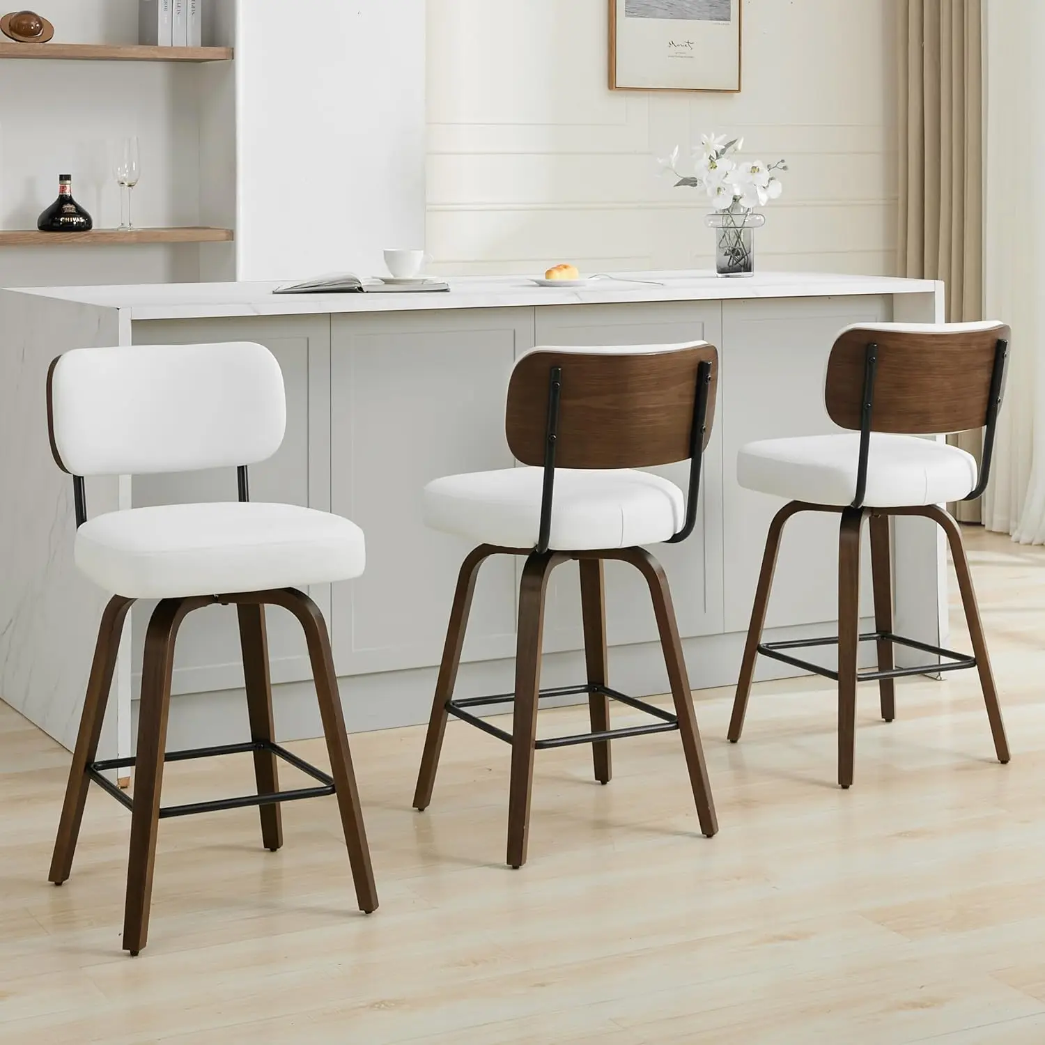30in Upholstered Swivel Bar Stools Set of 3 with Back Walnut Wood Legs Faux Leather Kitchen Counter White Customized
30in Upholstered Swivel Bar Stools Set of 3 with Back Walnut Wood Legs Faux Leather Kitchen Counter White Customized