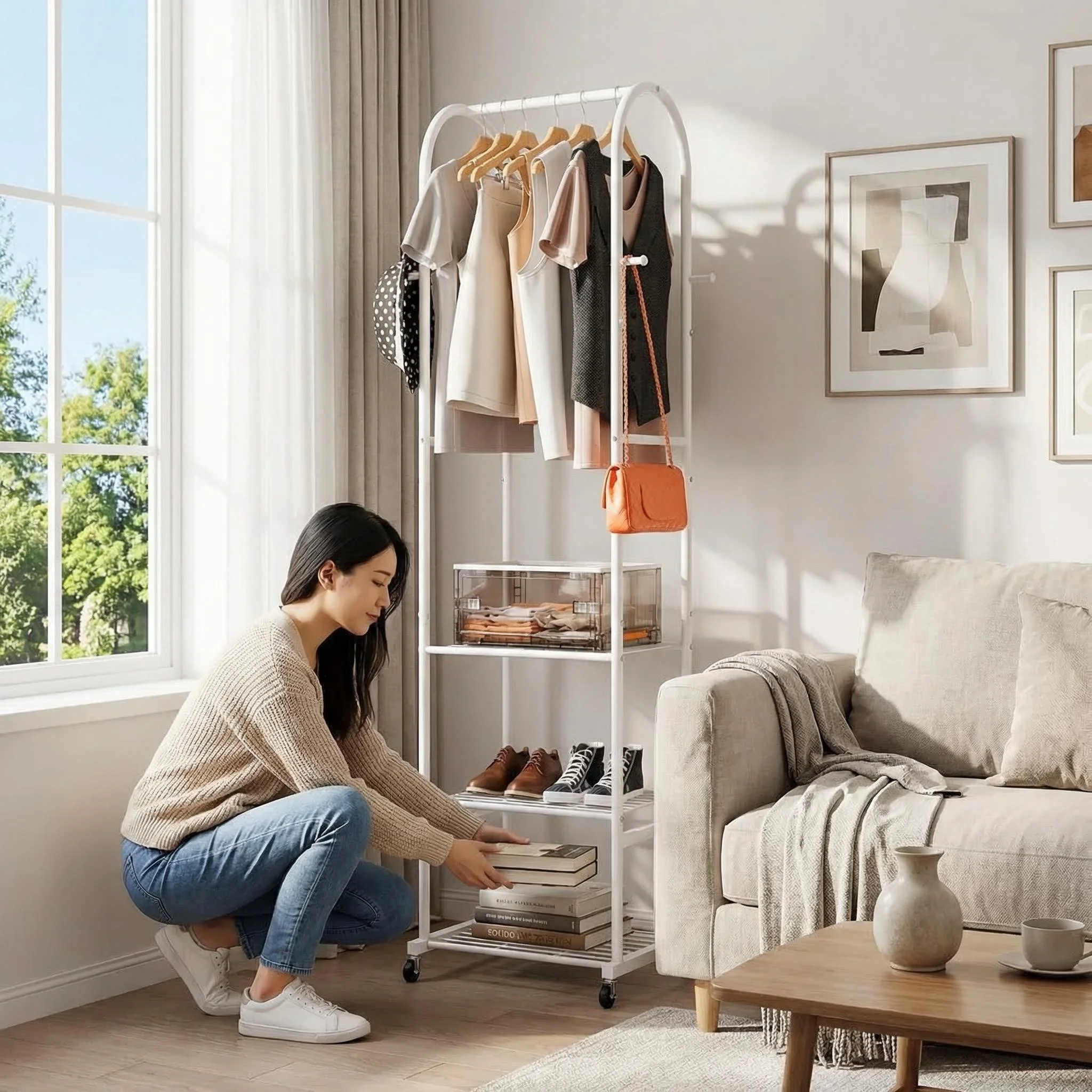 Mobile Clothing Rack with Wheels & 3-Tier Metal Shelves, Garment Hanging Rack with 4 Hooks, Compact Wardrobe Storage Organizer
Mobile Clothing Rack with Wheels & 3-Tier Metal Shelves, Garment Hanging Rack with 4 Hooks, Compact Wardrobe Storage Organizer