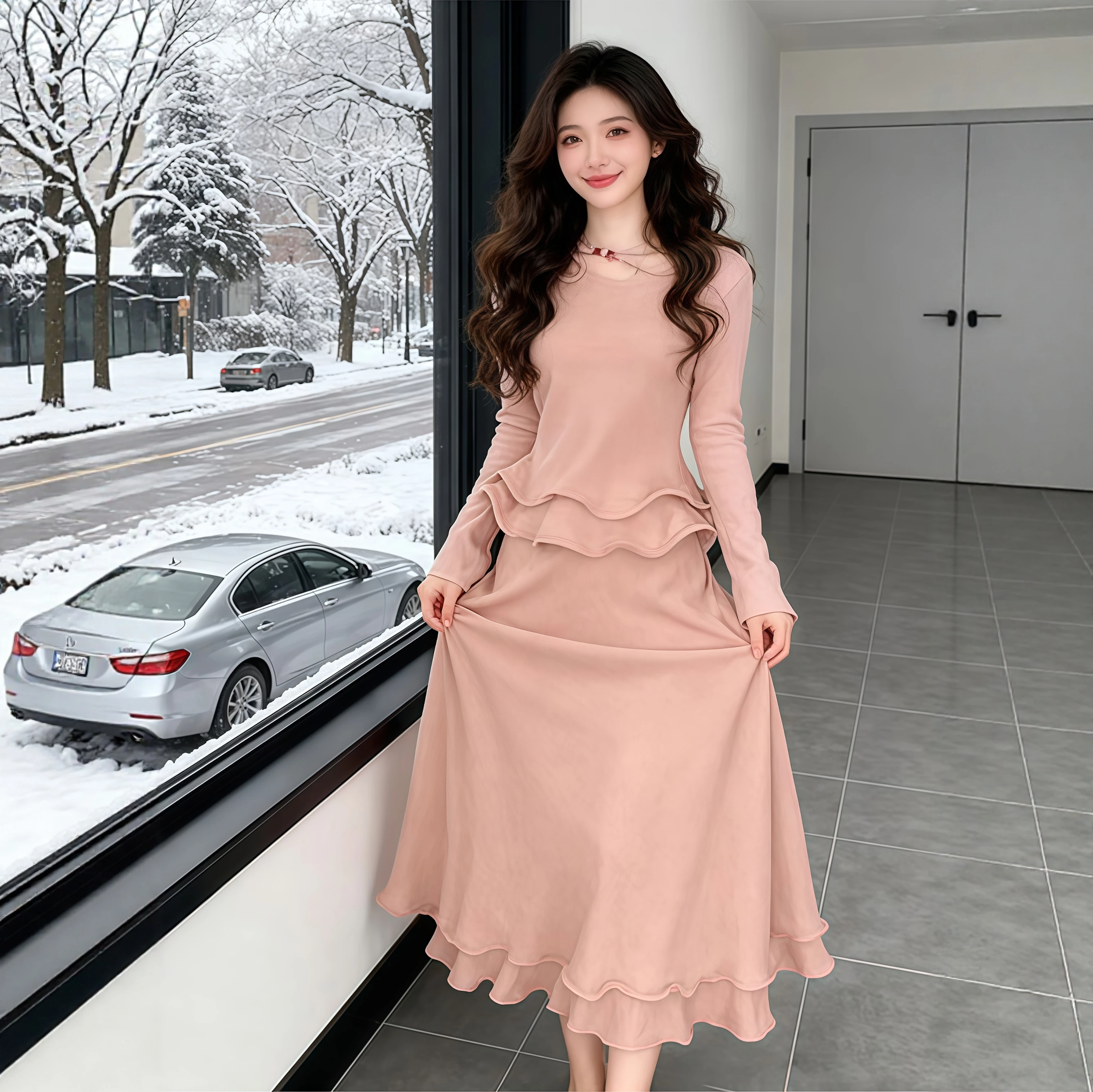 Fashionable Pink Slimming Top High Waist Skirt Set Women's Autumn Winter Casual Style Two-Piece Suit Polyester Fabric
Fashionable Pink Slimming Top High Waist Skirt Set Women's Autumn Winter Casual Style Two-Piece Suit Polyester Fabric