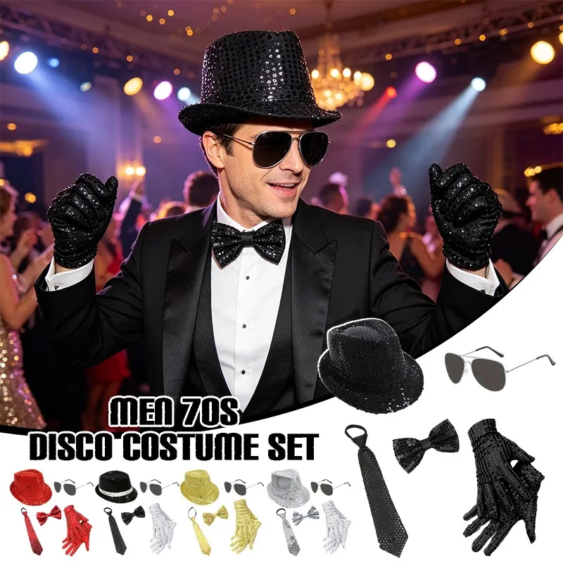 Men 70s Disco Costume Set Sequin Hat Bow Tie Gloves Halloween Dress Up Props Role Playing Costumes Accessories
Men 70s Disco Costume Set Sequin Hat Bow Tie Gloves Halloween Dress Up Props Role Playing Costumes Accessories