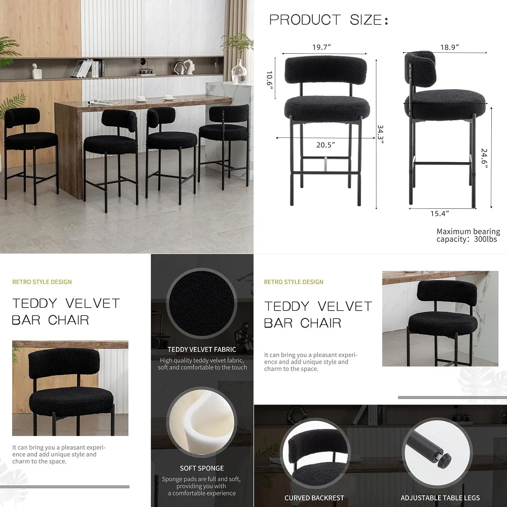 Height Bar Stools Set of 4, Modern Barstools with Curved Back, Black Boucle Counter Stools for Kitchen Island, Dining Room, Caf
Height Bar Stools Set of 4, Modern Barstools with Curved Back, Black Boucle Counter Stools for Kitchen Island, Dining Room, Caf